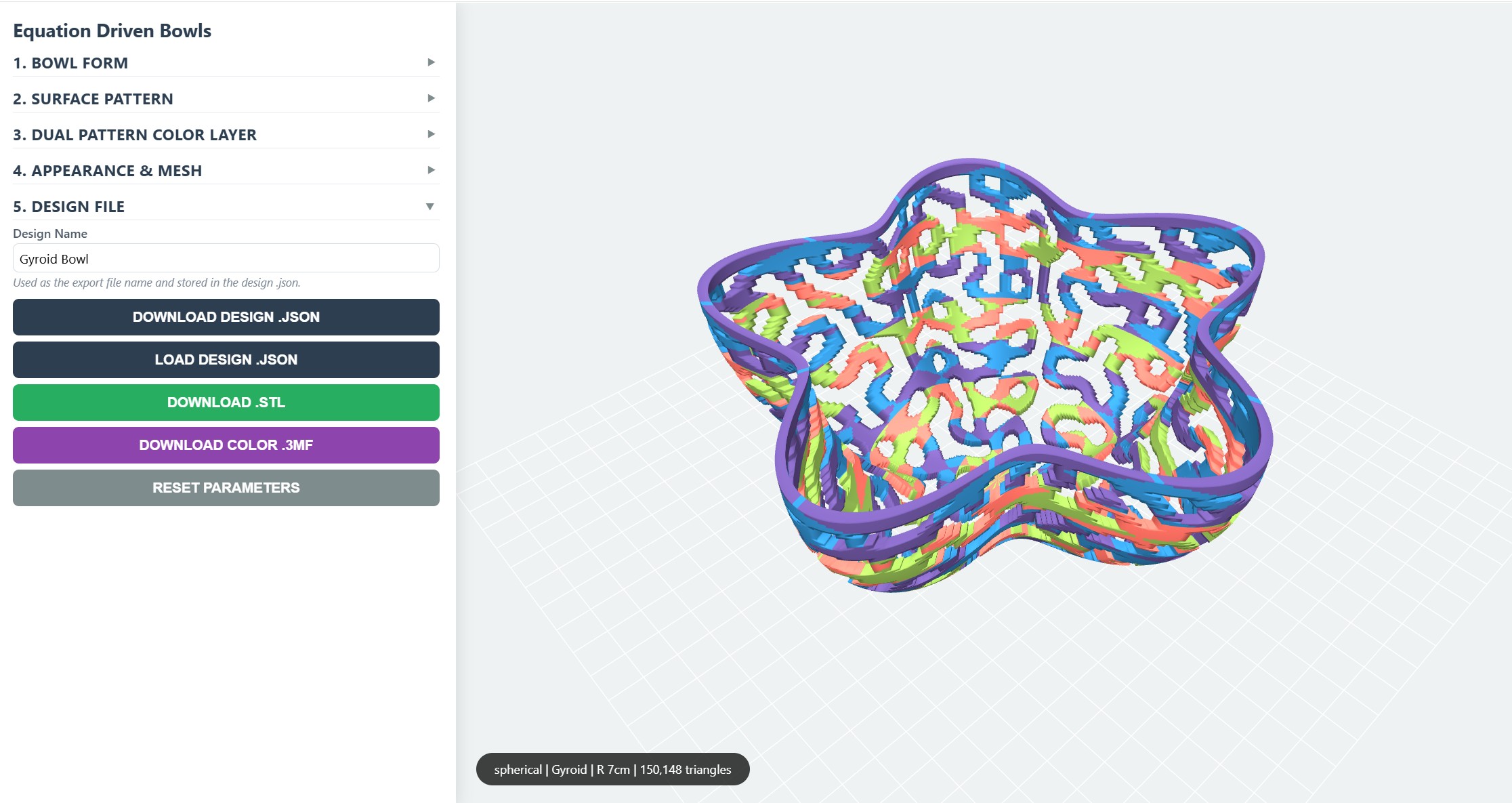 Equation Driven Bowls GUI screenshot showing a patterned bowl preview