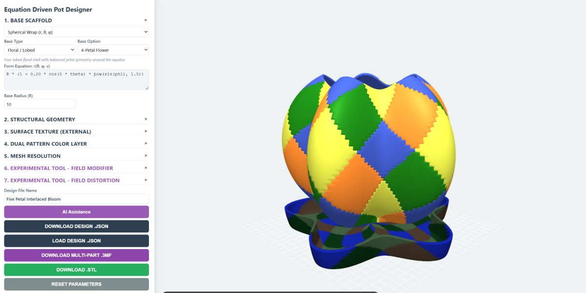 Equation Driven Pot Designer GUI screenshot showing live mathematical modeling preview